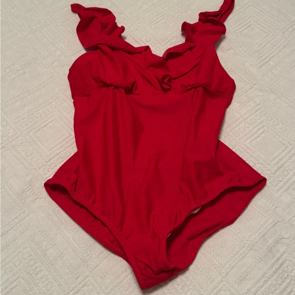 Venus one piece red swimsuit. Ruffles at shoulders and chest. Size 8. So cute! - Picture 5 of 10